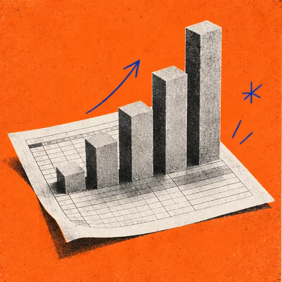 Risograph collage of a spreadsheet turning into a bar chart